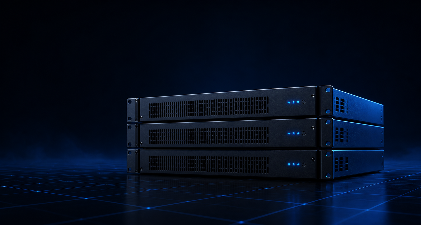Three rack servers illuminated by blue status lights